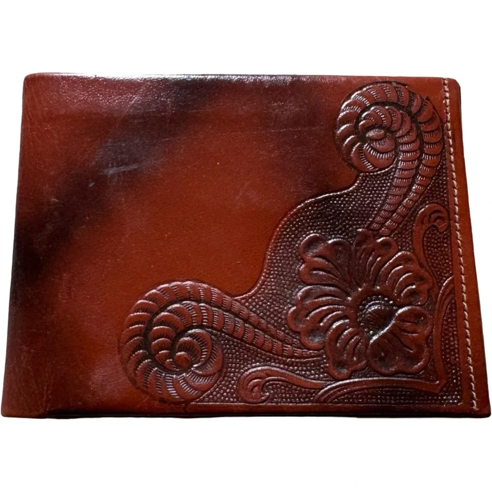 Unbranded Floral Embossed Bifold Wallet Mens OS Brown Good Top Grain Cowhide